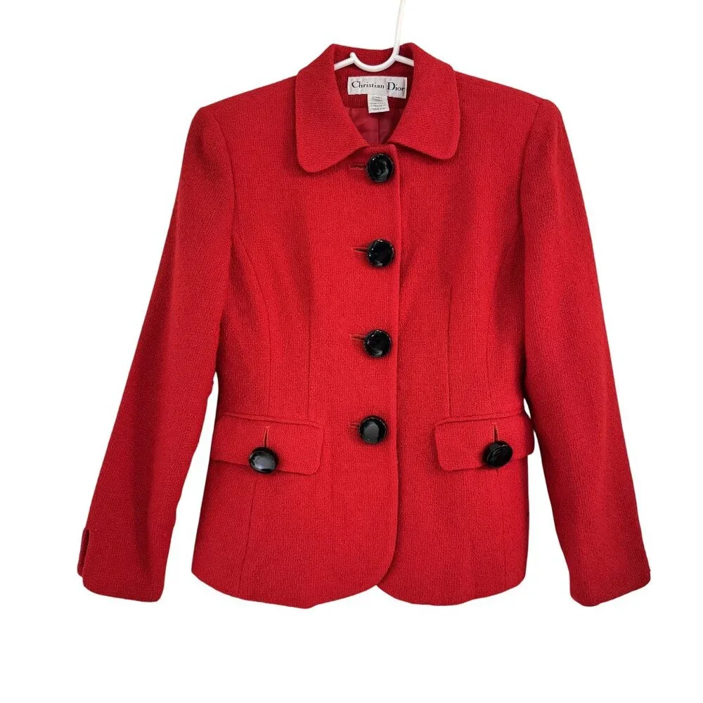 Vintage‎ Christian Dior Womens Red Wool Skirt Suit Set 2P Jacket & Skirt USA